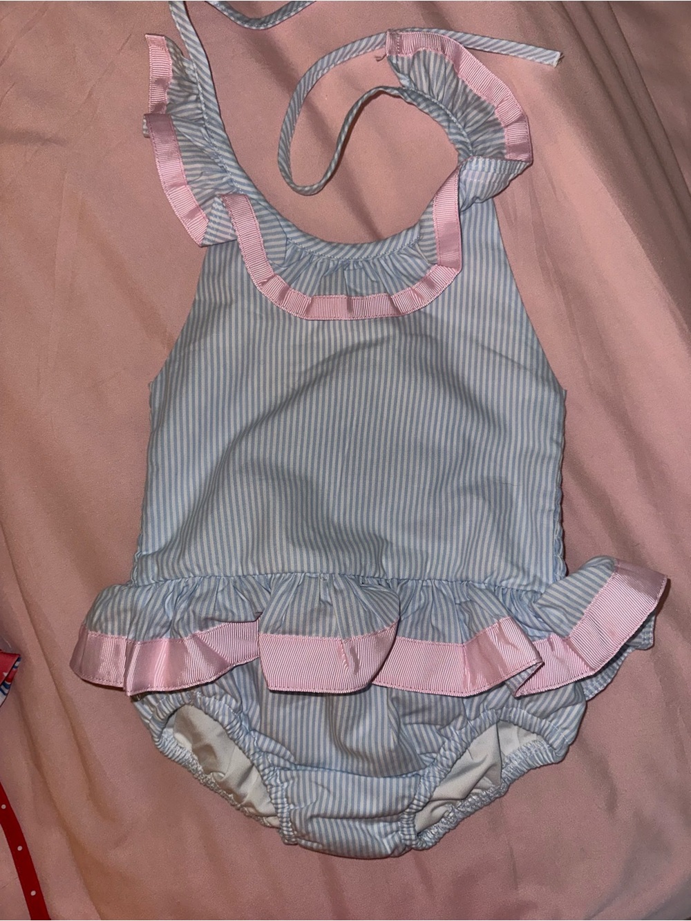 Kids One-Piece Ruffle Swimsuit in Light Blue with Pink Trim NWOT